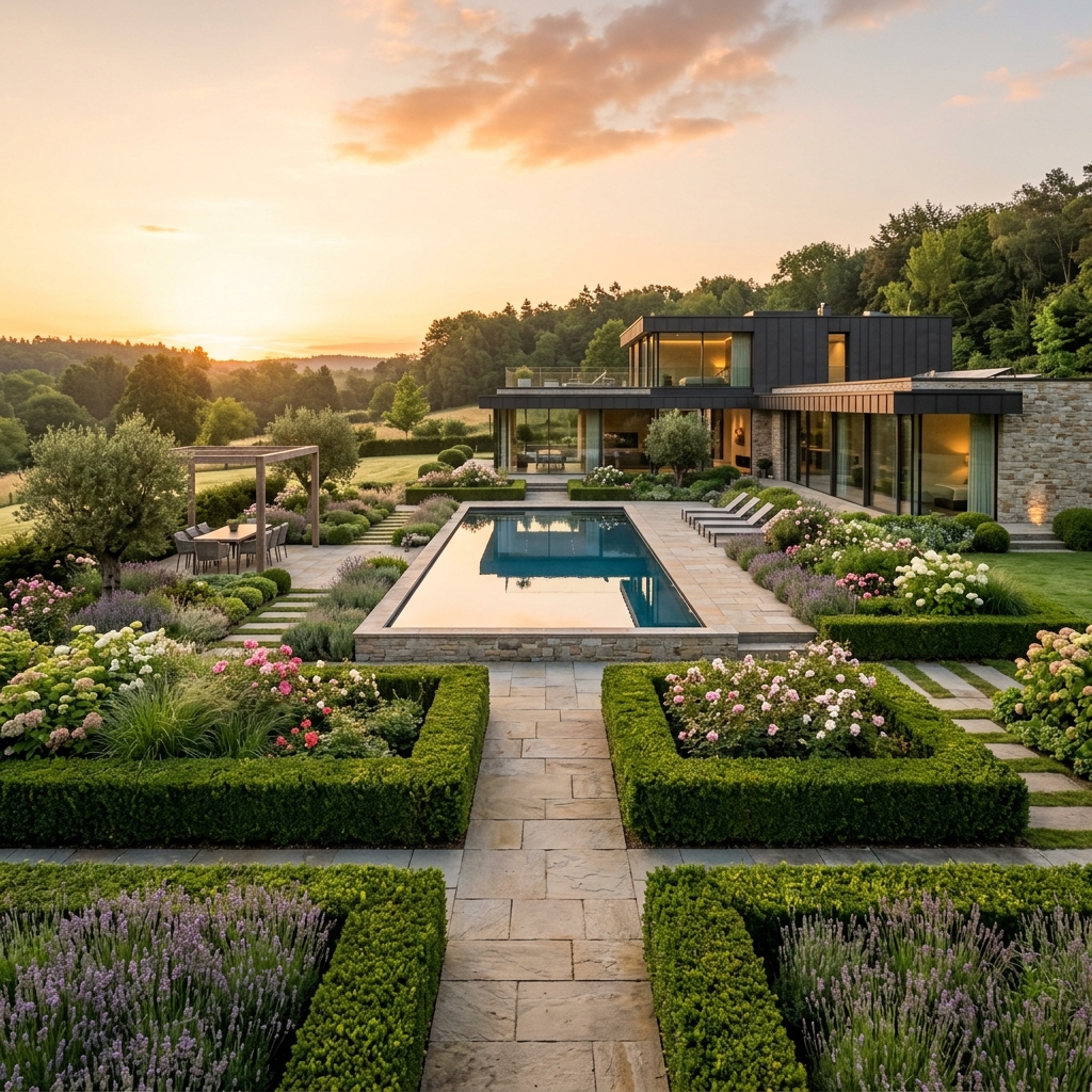 Luxuriöser Garten bei Sonnenaufgang