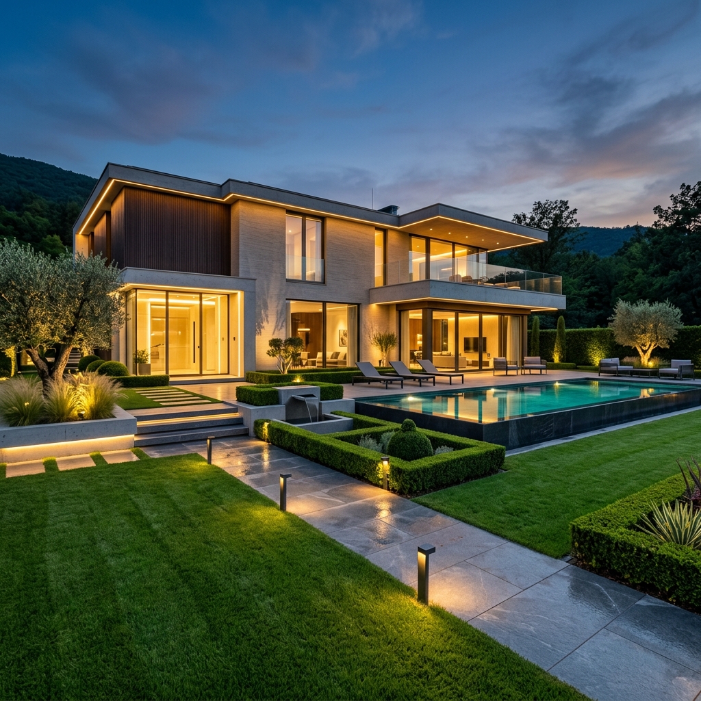 Geometrische Hecken an einer Villa